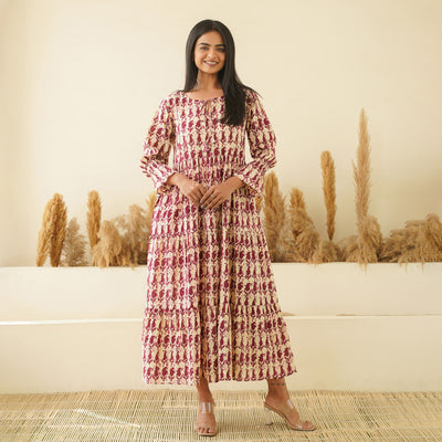 Maroon Kery Hand Block Print 3-Tiered Cotton Long Dress with Pockets