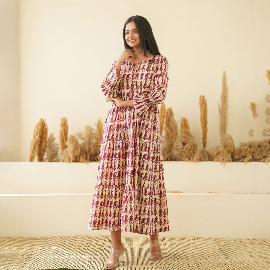 Maroon Kery Hand Block Print 3-Tiered Cotton Long Dress with Pockets