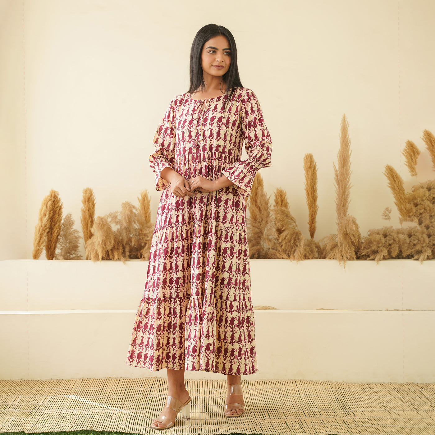 Maroon Kery Hand Block Print 3-Tiered Cotton Long Dress with Pockets