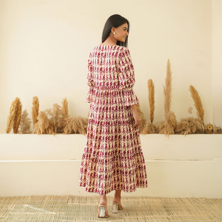 Maroon Kery Block Print Mom and Daughter Tiered Cotton Dresses