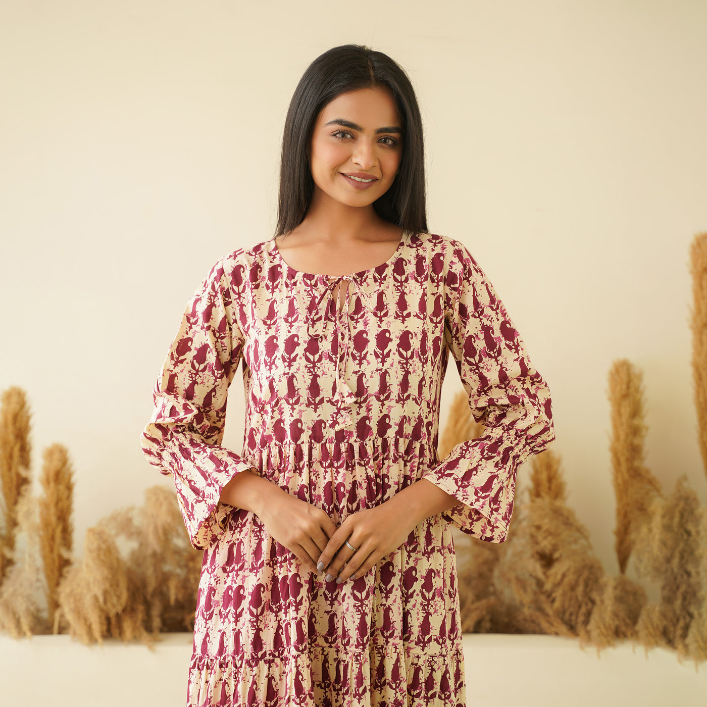 Maroon Kery Hand Block Print 3-Tiered Cotton Long Dress with Pockets