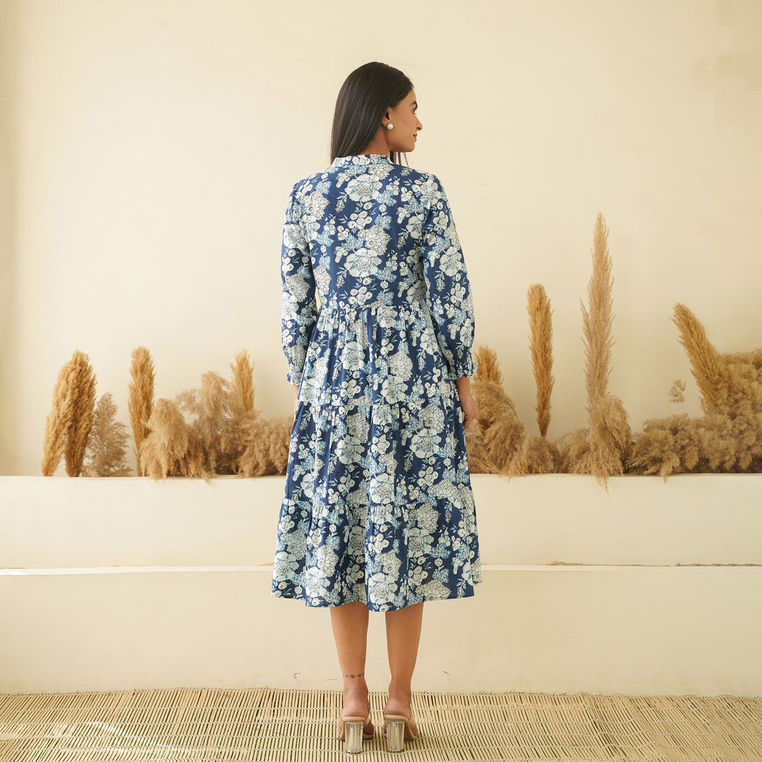'Floral Breeze' 3-Tiered Cotton Midi Dress with Pockets