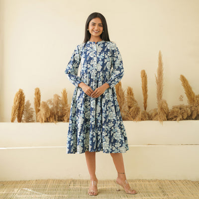 'Floral Breeze' 3-Tiered Cotton Midi Dress with Pockets