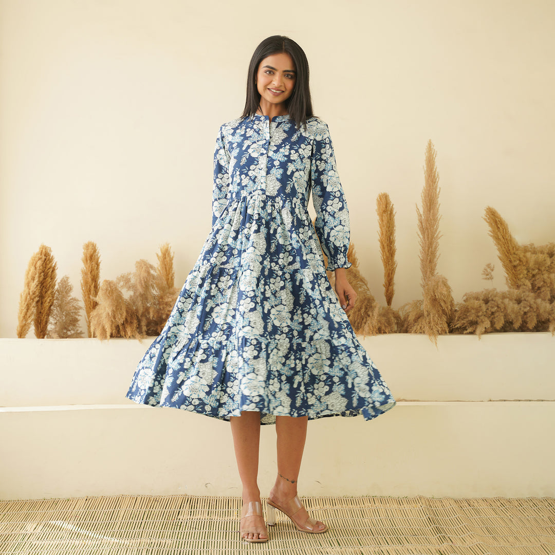 'Floral Breeze' 3-Tiered Cotton Midi Dress with Pockets