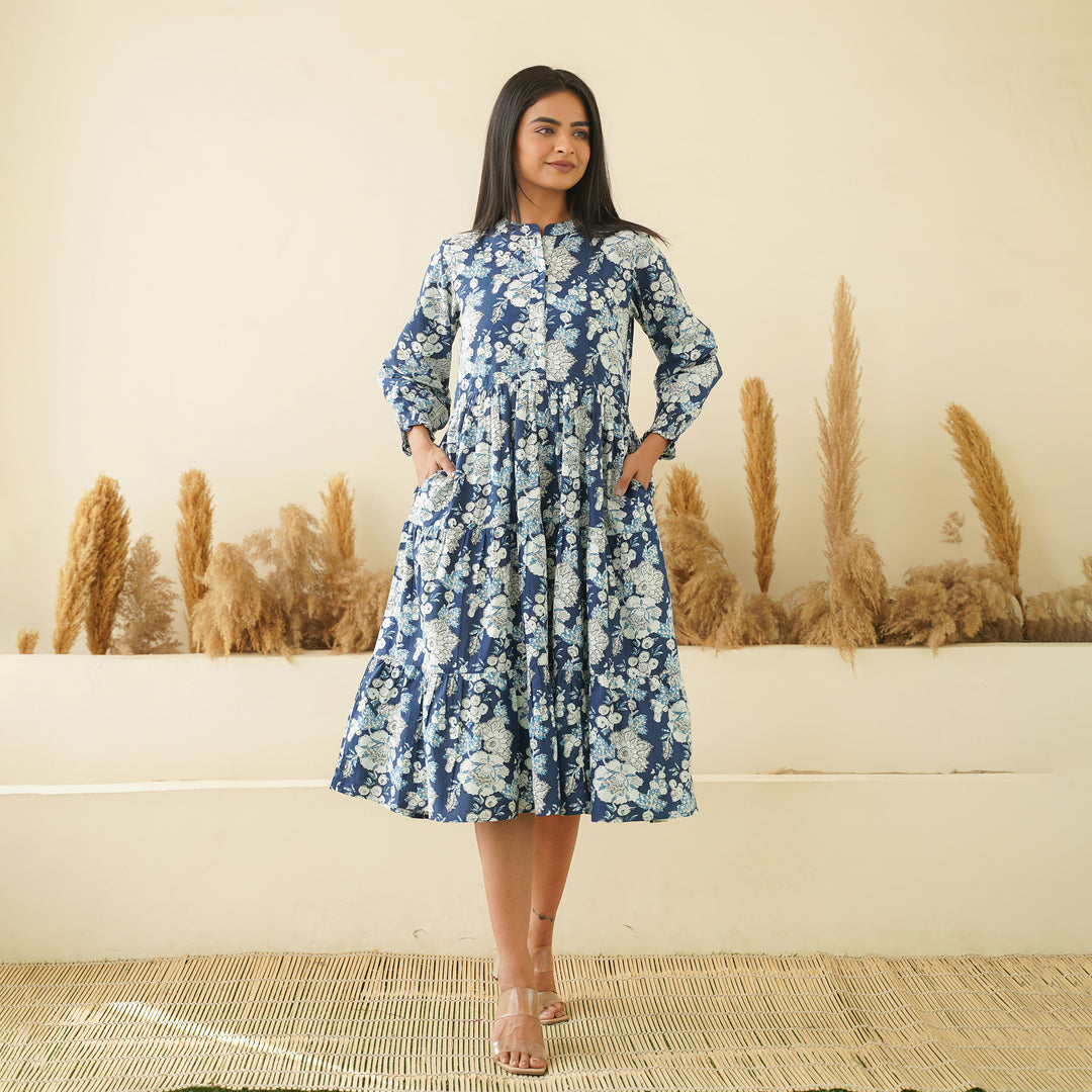 Blue Floral Pure Cotton Summer Casual Shirt Dress | Fashiana Large Blue Floral Pure Cotton Summer Casual Shirt Dress | Fashiana Large