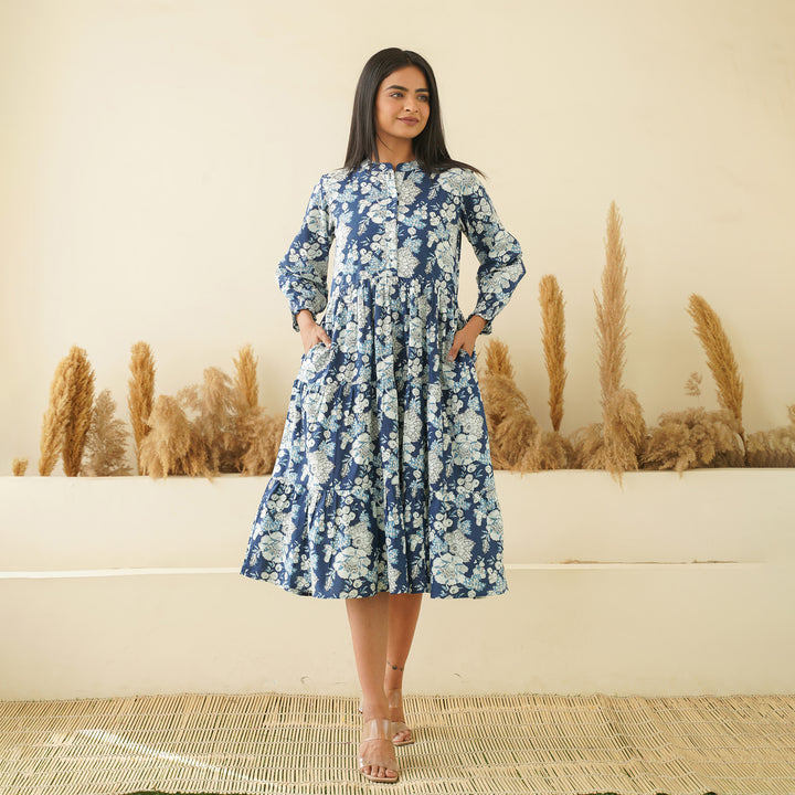 'Floral Breeze' 3-Tiered Cotton Midi Dress with Pockets
