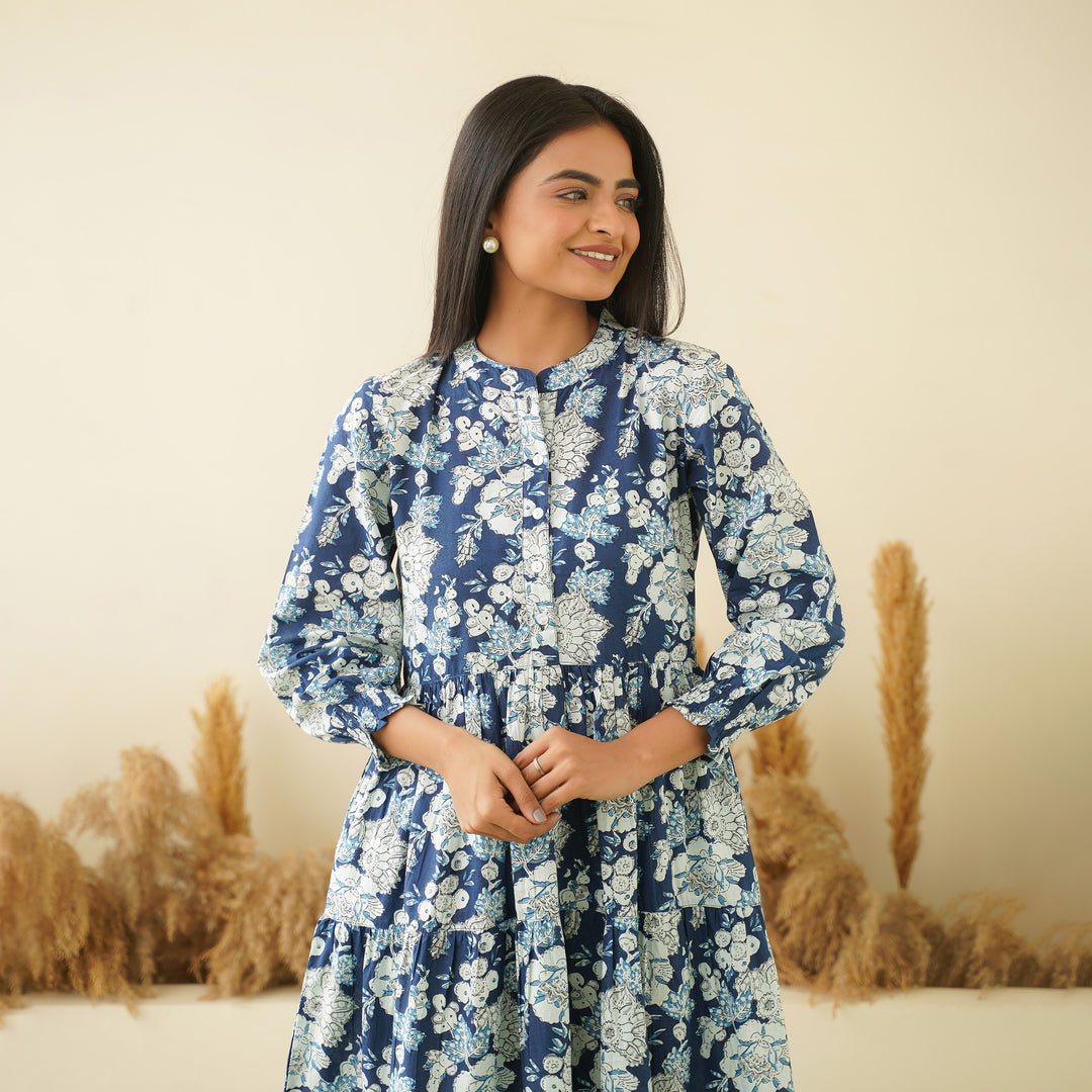 'Floral Breeze' 3-Tiered Cotton Midi Dress with Pockets