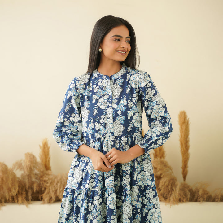 'Floral Breeze' 3-Tiered Cotton Midi Dress with Pockets