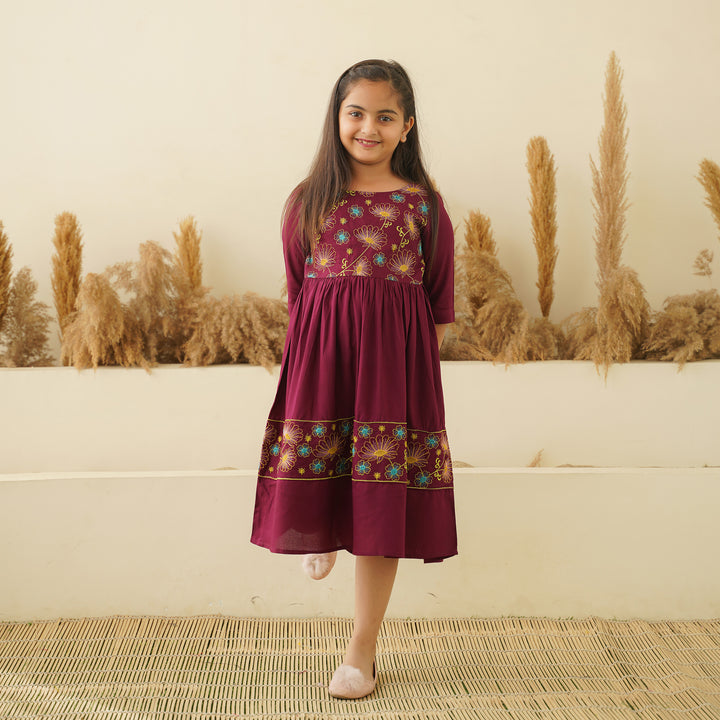 Floral Embroidery on Wine Mom and Daughter Rayon Dresses