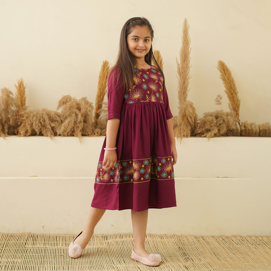 Floral Embroidery on Wine Mom and Daughter Rayon Dresses