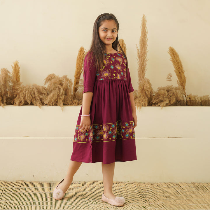 Floral Embroidery on Wine Girl's Dress