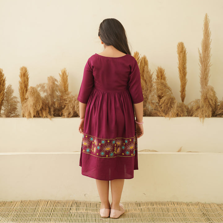 Floral Embroidery on Wine Girl's Dress
