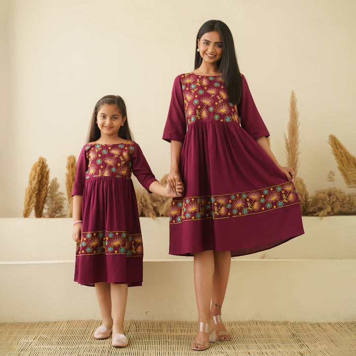 Floral Embroidery on Wine Mom and Daughter Rayon Dresses