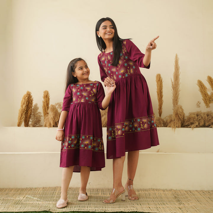 Floral Embroidery on Wine Mom and Daughter Rayon Dresses