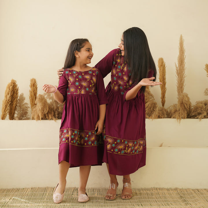 Floral Embroidery on Wine Mom and Daughter Rayon Dresses