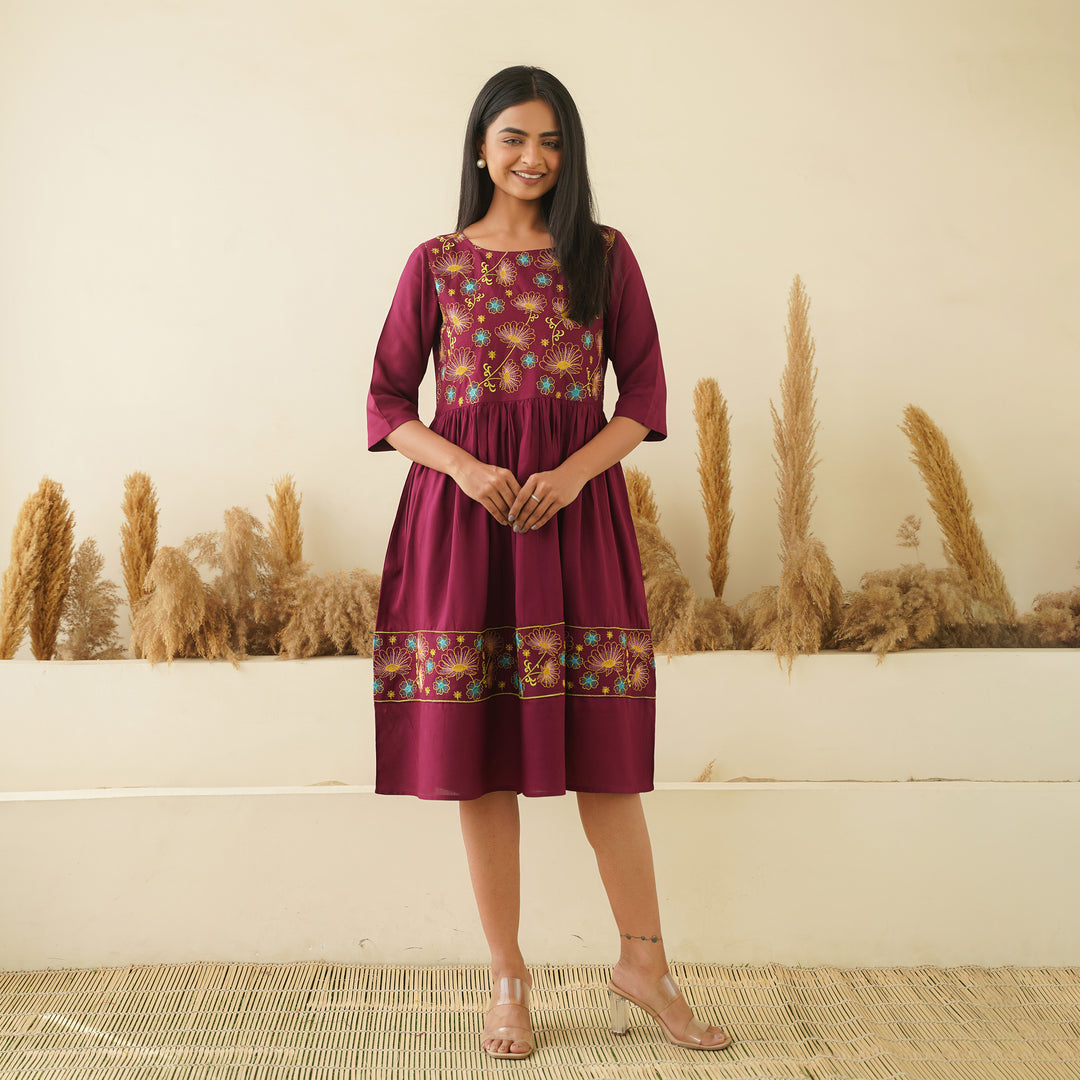 Embroidered Wine Floral Indo-Western Midi Dress | Fashiana Embroidered Wine Floral Indo-Western Midi Dress | Fashiana