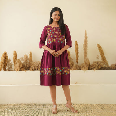 Floral Embroidery on Wine Rayon Dress with Pockets