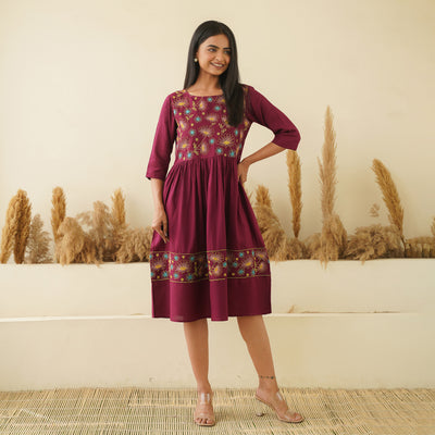 Floral Embroidery on Wine Mom and Daughter Rayon Dresses