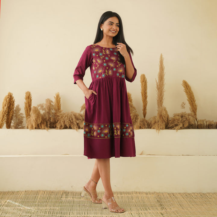Floral Embroidery on Wine Mom and Daughter Rayon Dresses