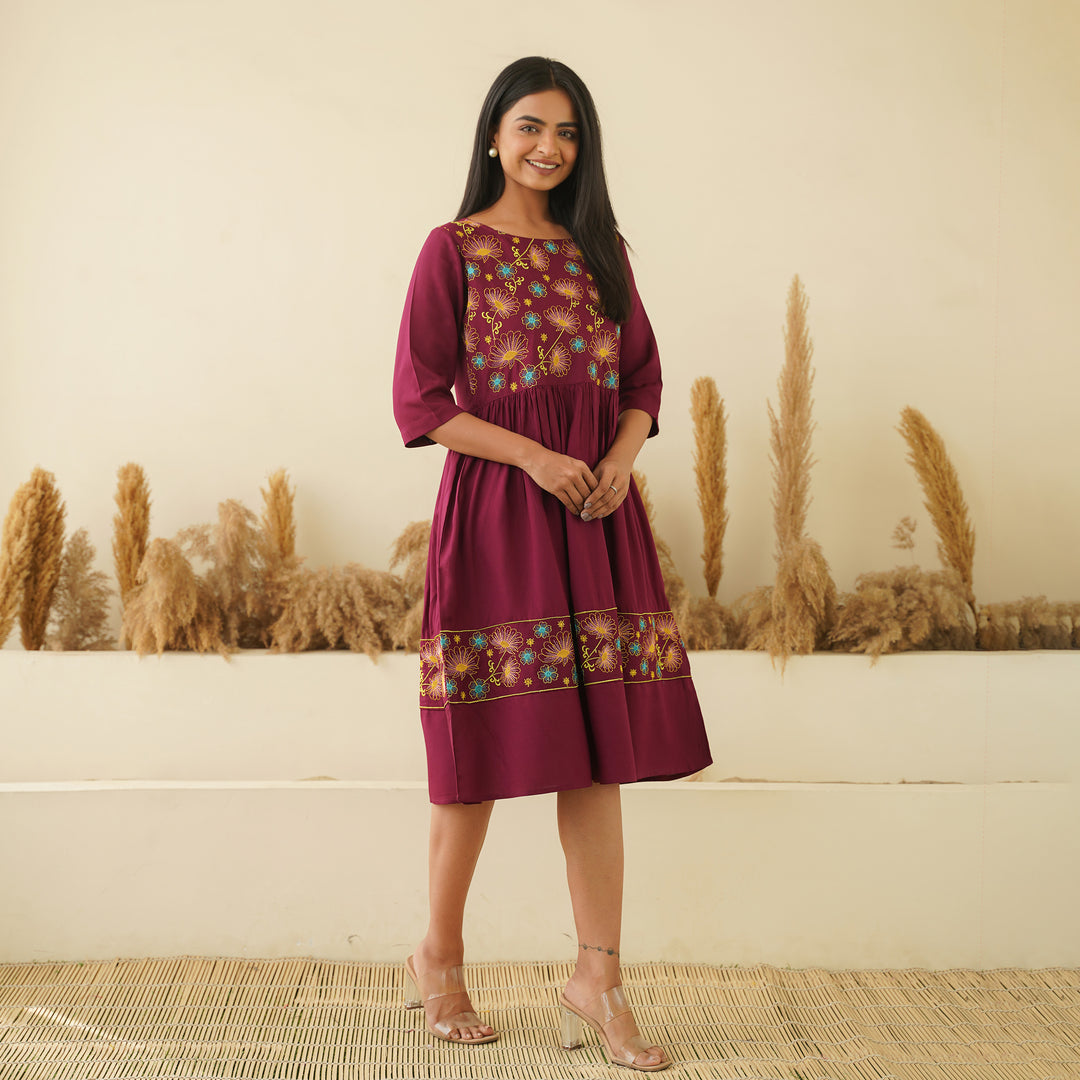 Floral Embroidery on Wine Rayon Dress with Pockets