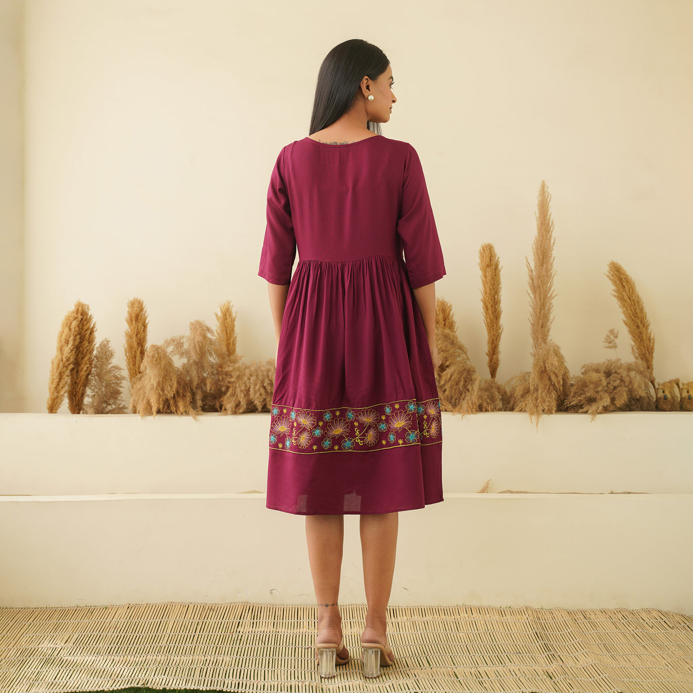 Floral Embroidery on Wine Rayon Dress with Pockets