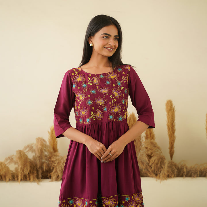 Floral Embroidery on Wine Mom and Daughter Rayon Dresses