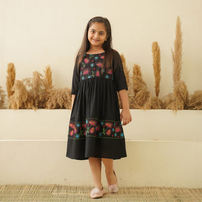 Floral Embroidery on Black Mom and Daughter Rayon Dresses