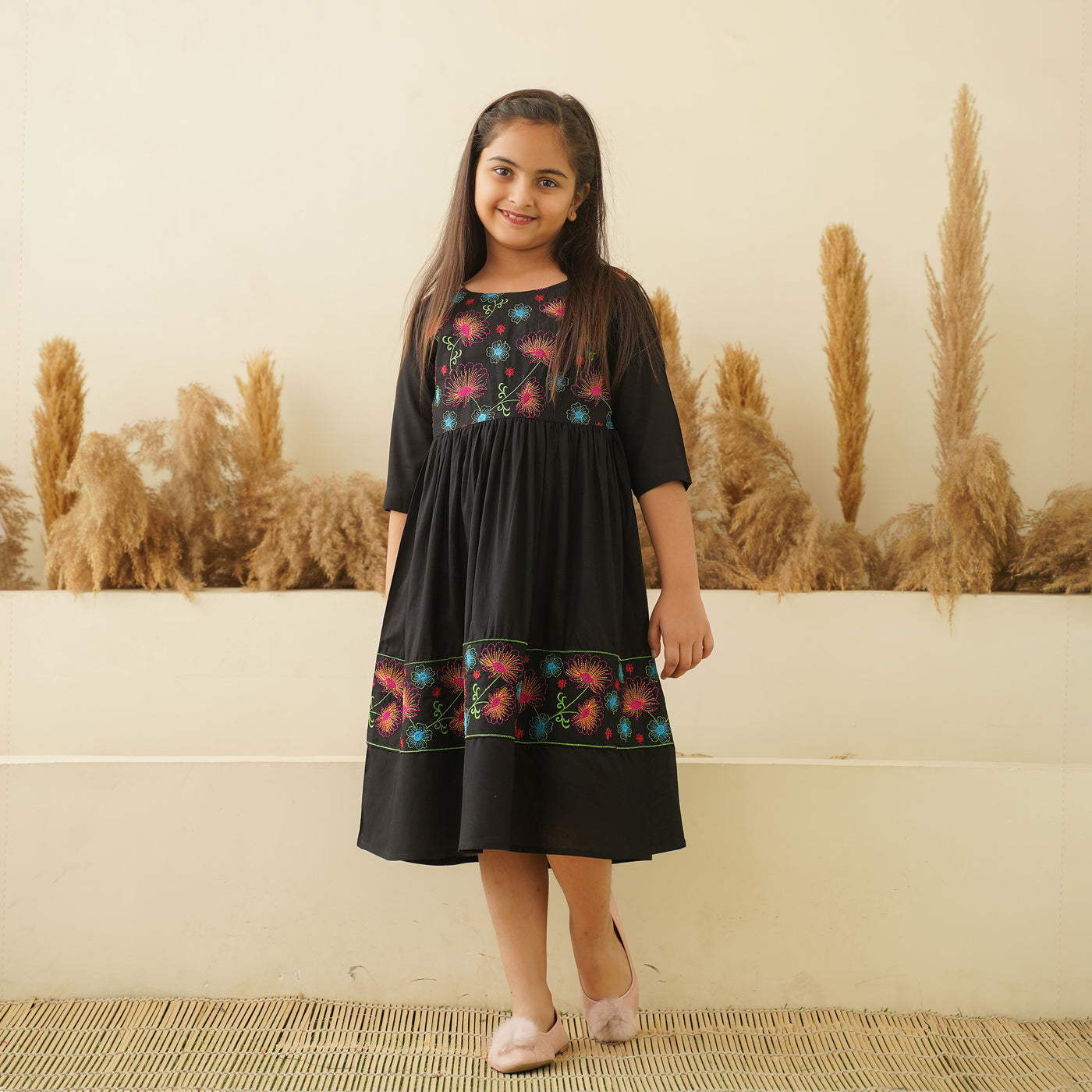 Floral Embroidery on Black Girl's Dress