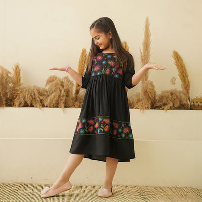 Floral Embroidery on Black Mom and Daughter Rayon Dresses