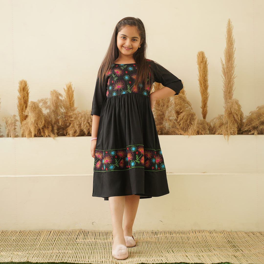 Floral Embroidery on Black Girl's Dress