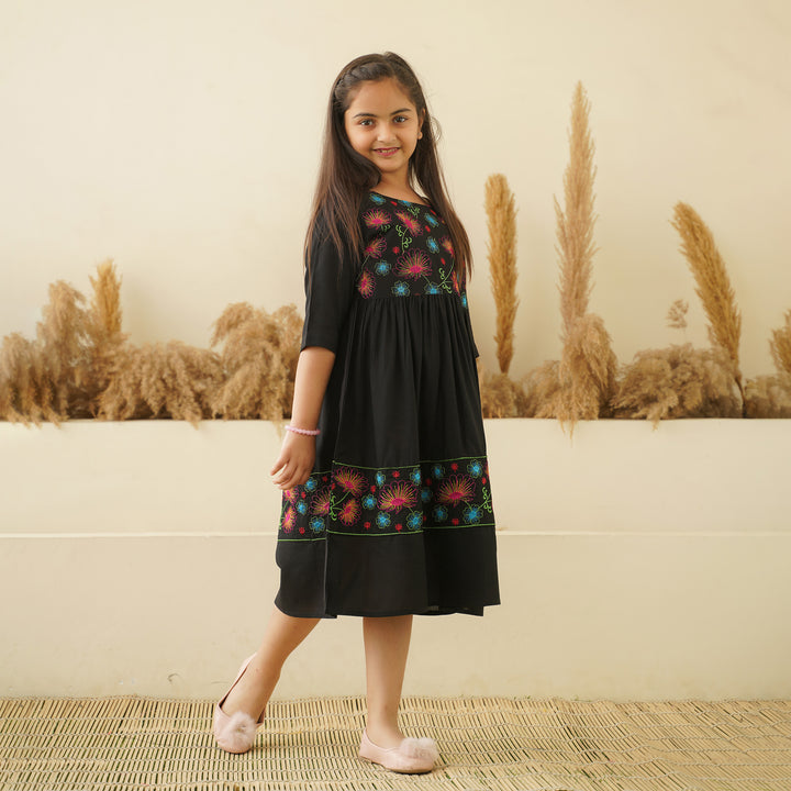 Floral Embroidery on Black Girl's Dress