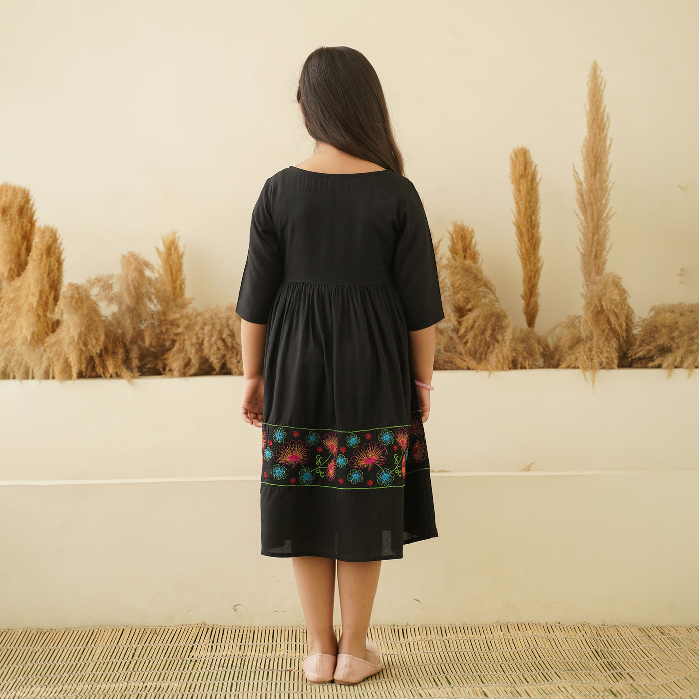 Floral Embroidery on Black Girl's Dress