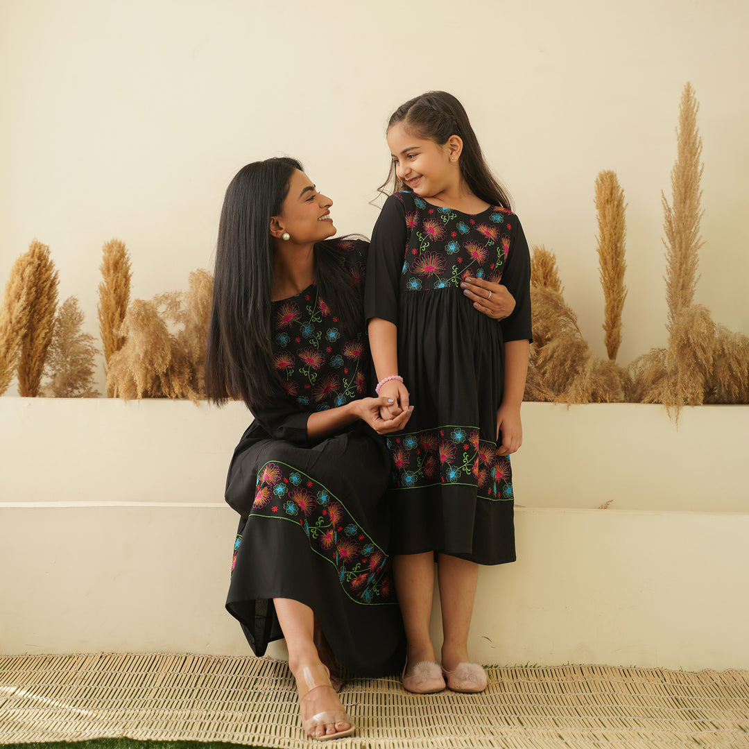 Floral Embroidery on Black Mom and Daughter Rayon Dresses