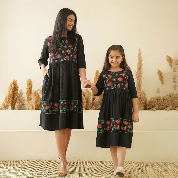 Floral Embroidery on Black Mom and Daughter Rayon Dresses