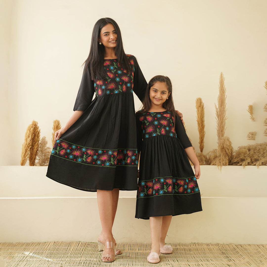 Floral Embroidery on Black Mom and Daughter Rayon Dresses