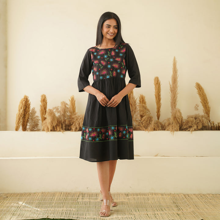 Floral Embroidery on Black Rayon Dress with Pockets