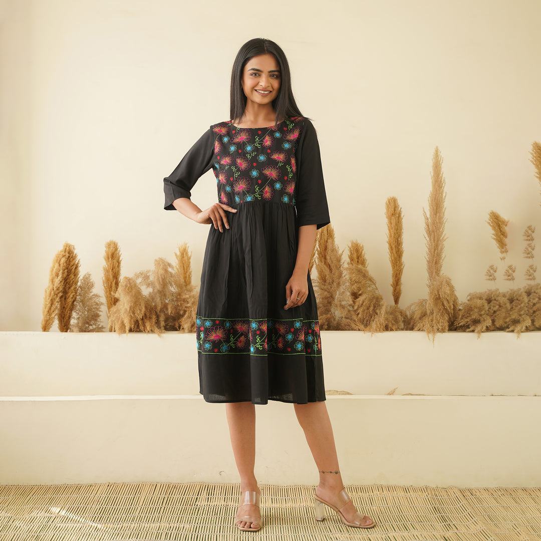 Floral Embroidery on Black Rayon Dress with Pockets