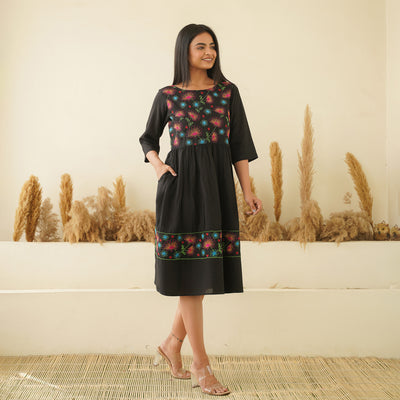 Floral Embroidery on Black Rayon Dress with Pockets