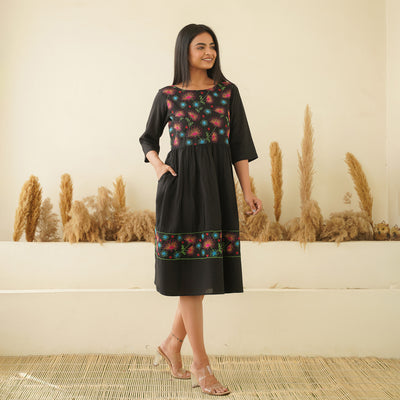 Floral Embroidery on Black Mom and Daughter Rayon Dresses