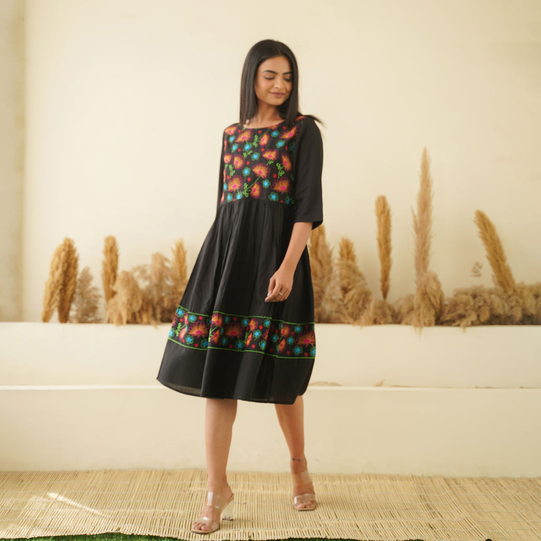 Floral Embroidery on Black Mom and Daughter Rayon Dresses
