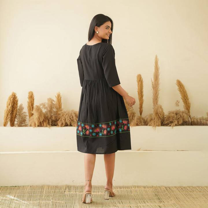 Floral Embroidery on Black Rayon Dress with Pockets