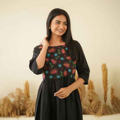 Floral Embroidery on Black Rayon Dress with Pockets