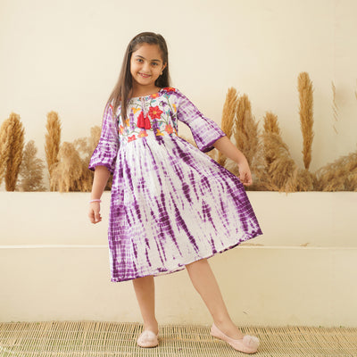 Embroidered Purple Tie-Dye Mom and Daughter Cotton Dresses