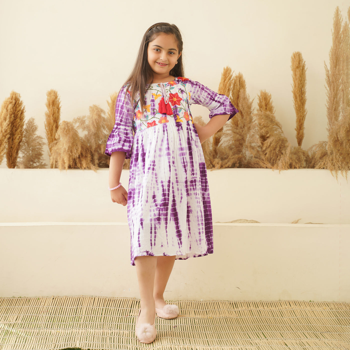 Embroidered Purple Tie-Dye Mom and Daughter Cotton Dresses