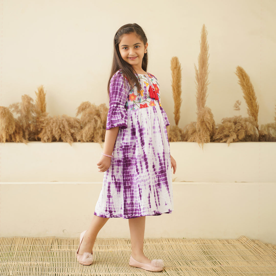 Embroidered Purple Tie-Dye Mom and Daughter Cotton Dresses