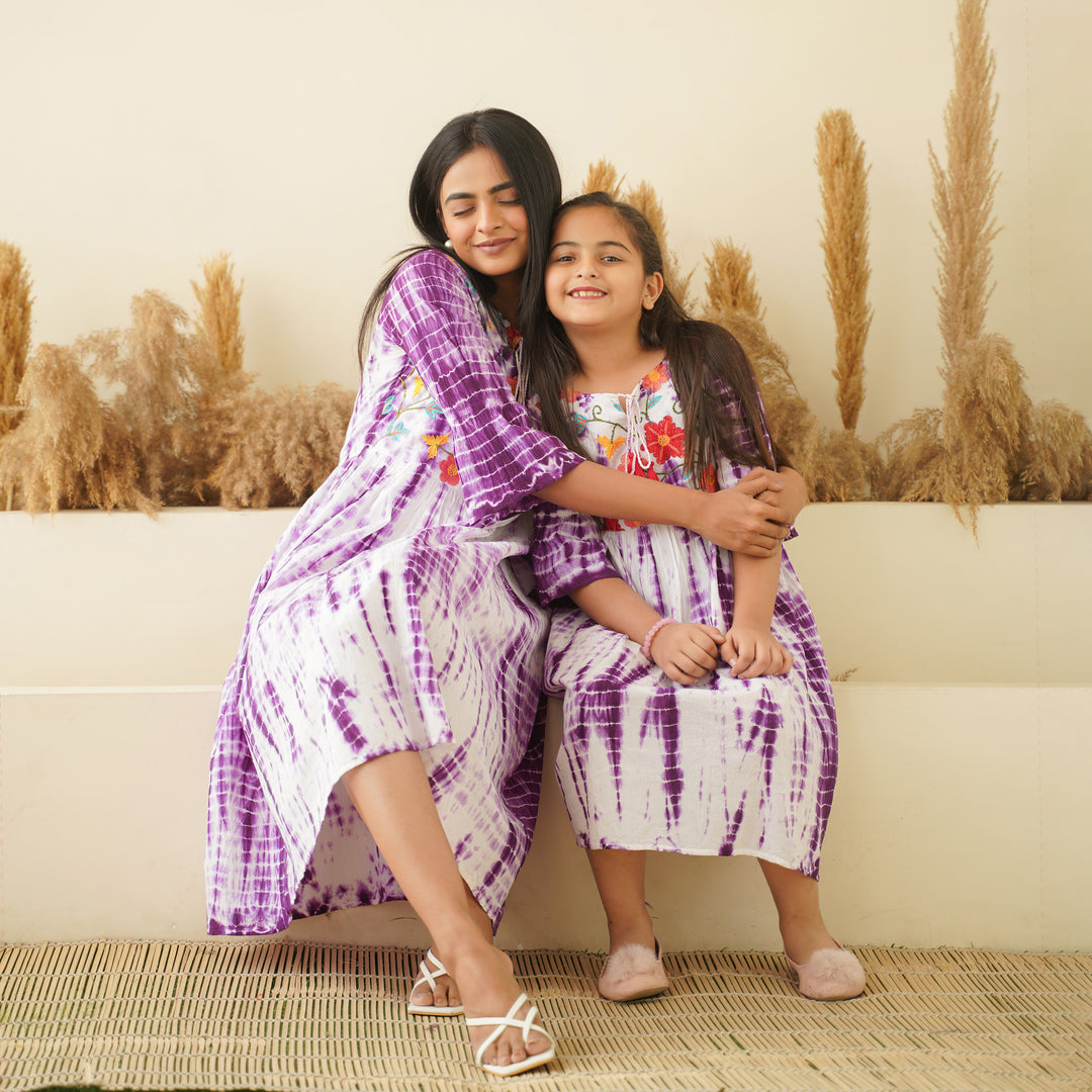 Embroidered Purple Tie-Dye Mom and Daughter Cotton Dresses