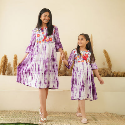 Embroidered Purple Tie-Dye Mom and Daughter Cotton Dresses