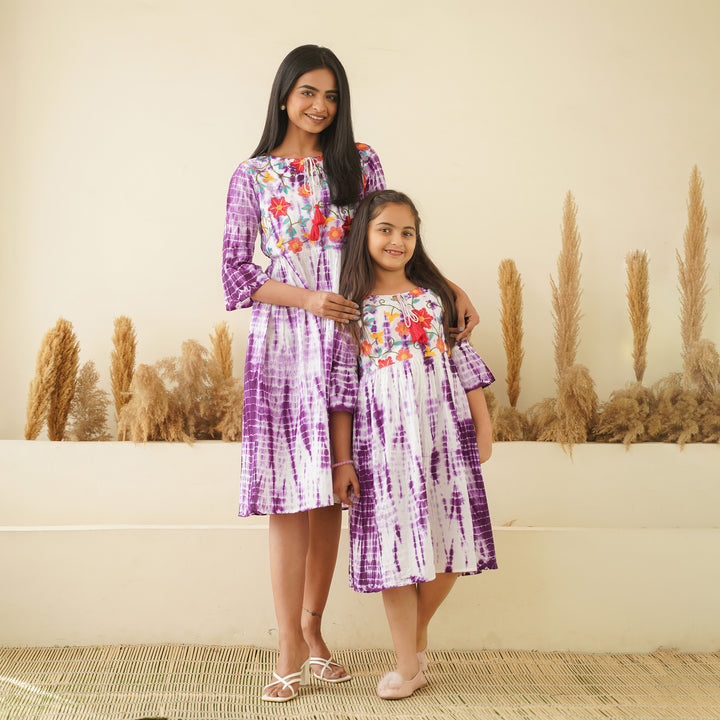 Embroidered Purple Tie-Dye Mom and Daughter Cotton Dresses