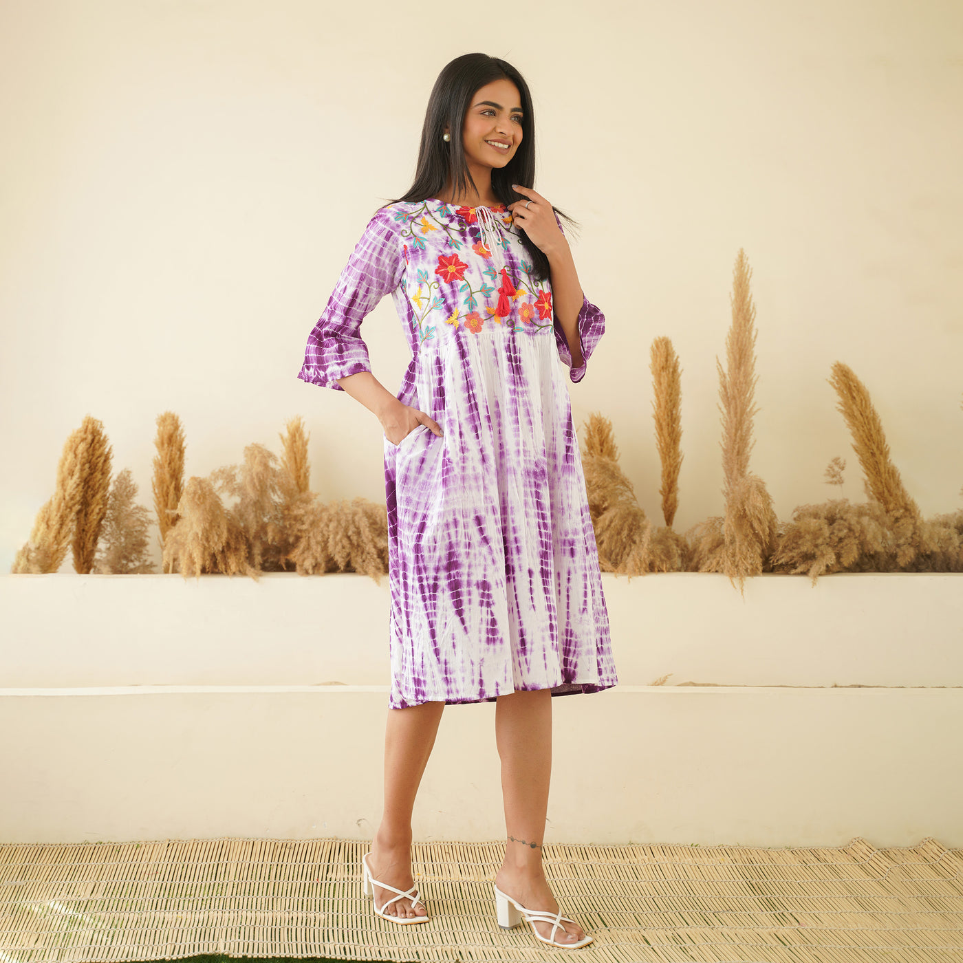 Embroidered Purple Tie Dyed Cotton Midi Dress