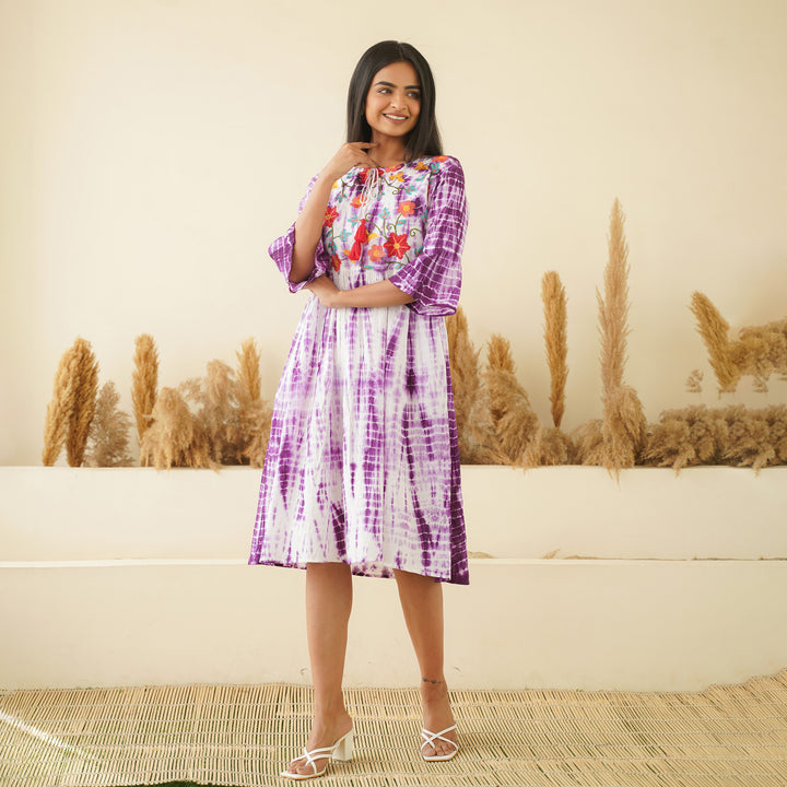 Embroidered Purple Tie-Dye Mom and Daughter Cotton Dresses